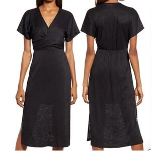 Floret Studios Black Plisse Midi Dress Wrap V-Neck Short Sleeve Side Slit XS